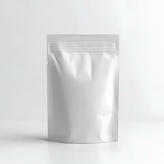 Minimalistic silver foil pouch on reflective white surface.