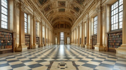 Grand Library with Towering Shelves and Ornate Columns