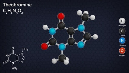 Molecule of Theobromine (C7H8N4O2), is a bitter alkaloid found primarily in cocoa beans and chocolate. It has mild stimulant effects. Chemical model: Ball and Stick. Dark back. 3d illustration.
