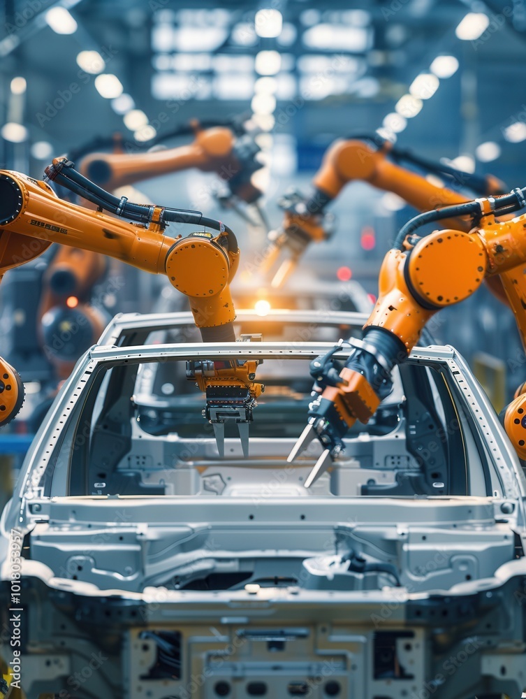 Poster advanced robotic arms are performing precise tasks to assemble a car at a high-tech assembly line, s