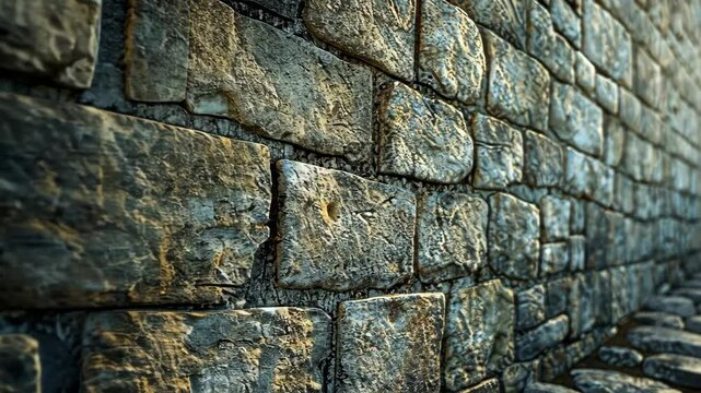 A close-up of a stone wall, with a slight perspective, showing the rough texture of the stones