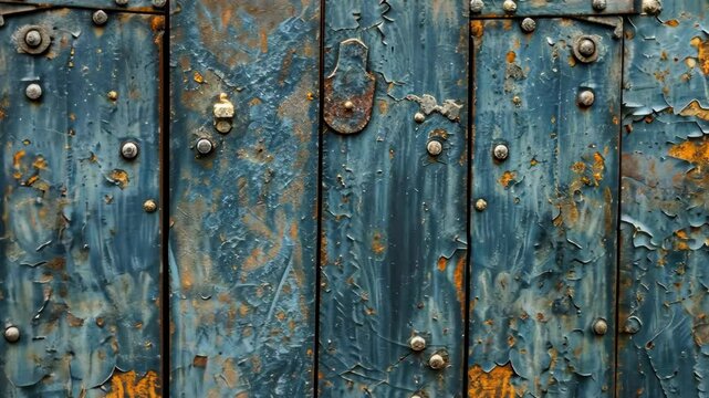A close-up view of a weathered blue door with rust and peeling paint, showing the passage of time