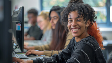 Joyful students engaged in collaborative learning at computers in a bright classroom during a technology class