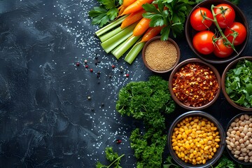 Fresh Culinary Ingredients for Healthy Cooking: Vegetables, Spices, and Herbs on Dark Background