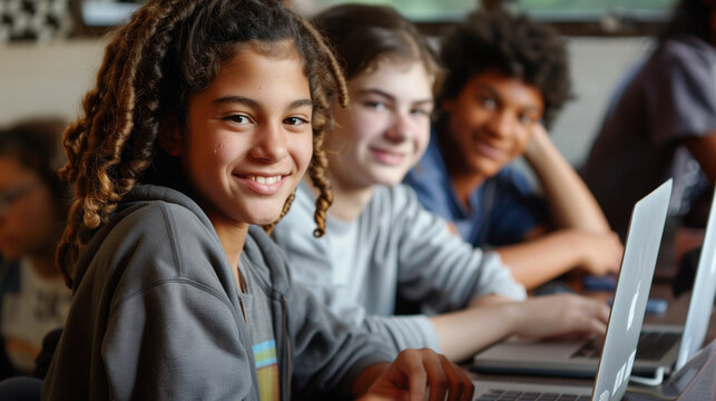 Group of smiling students using laptops in a classroom.