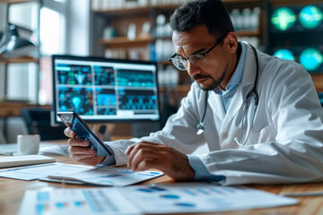 Male doctor efficiently manages healthcare needs at his desk, using a smartphone to navigate a telemedicine app for scheduling appointments while analyzing patient data
