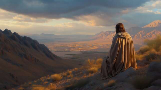 Jesus in a moment of deep reflection in the desert, the weight of His mission apparent, surrounded by the quiet majesty of the wilderness