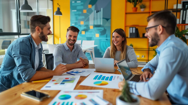 Creative team brainstorming vibrant ideas in a modern office setting filled with colorful graphs and charts during a collaborative meeting