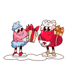 Groovy Santa hat and sock cartoon characters giving Christmas gifts. Funny retro couple with boxes of presents. Winter holidays, Christmas mascot, cartoon sticker of 70s 80s style vector illustration