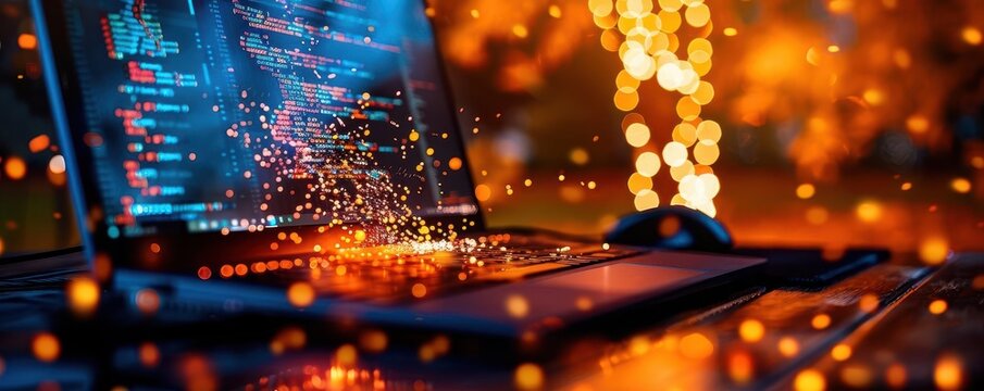 Coding on a computer screen, vibrant colors, photography, detailed, modern