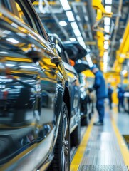Obraz premium A team of workers is focused on installing and inspecting car interiors as part of the assembly process on the factory floor. Generative AI