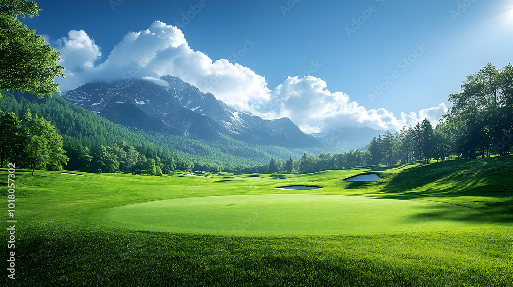 Poster Scenic golf course surrounded by mountains and lush greenery.