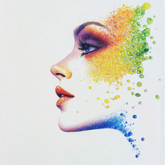 Fototapeta premium A woman’s face in a rainbow palette close-up, isolated, on a white background. Stylish print on fabric, paper, packaging. Advertising of decorative cosmetics, facial skin care products.