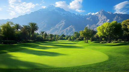 Scenic golf course with mountains and lush greenery under blue sky.