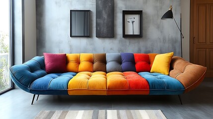 A colorful patchwork sofa with pillows in a modern living room.