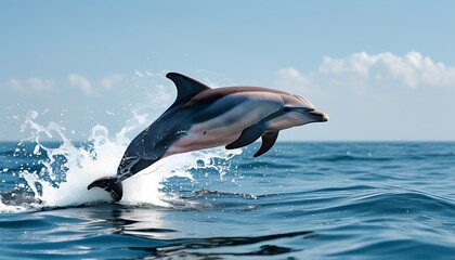 Fototapeta premium A dolphin jumping out of the water against a clear blue sky
