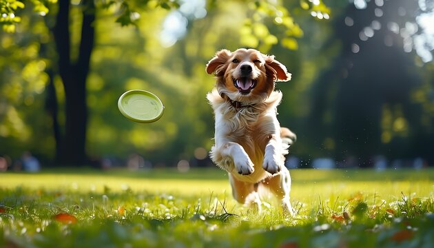 A dog leaping joyfully to catch a frisbee in a sunny park