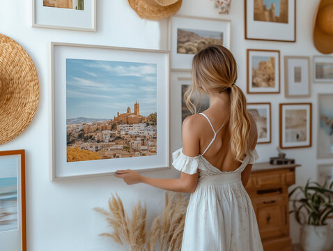 Woman hanging a painting on a white wall in a light room in Scandinavian minimalist style