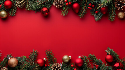 Christmas background with fir tree branches and red baubles on red background