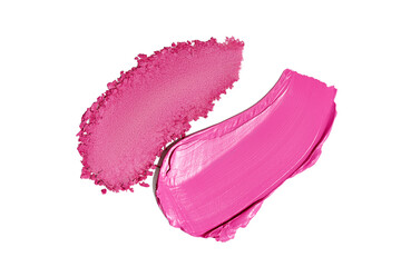 Red pink lipstick glossy texture, eye shadow texture stroke isolated on white background. Cosmetic...
