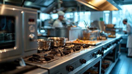 A bustling restaurant kitchen featuring several microwave ovens and chefs preparing meals during dinner service