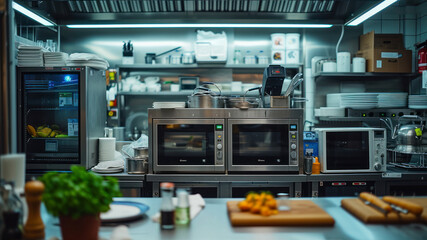 A busy restaurant kitchen featuring multiple microwave ovens and food preparation areas in action during peak dining hours