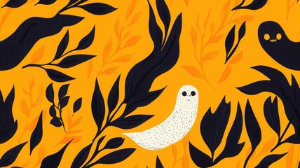 Naklejka premium A whimsical illustration featuring a white ghost amid black foliage on an orange background, creating a playful and spooky atmosphere.