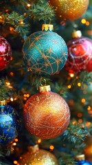 Christmas tree reflecting in shiny baubles hanging on christmas tree