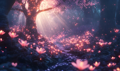 Dreamlike Landscapes and Mystical Gardens with Vibrant Flowers and Glowing Nature
