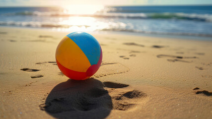 Obraz premium A colorful beach ball rests on the sandy shore as the sun sets over the ocean, creating a serene summer scene