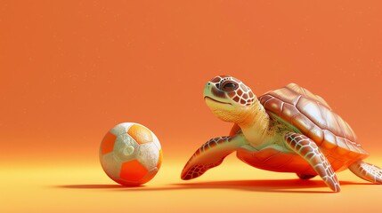 A cartoon sea turtle walks towards an orange and white soccer ball.