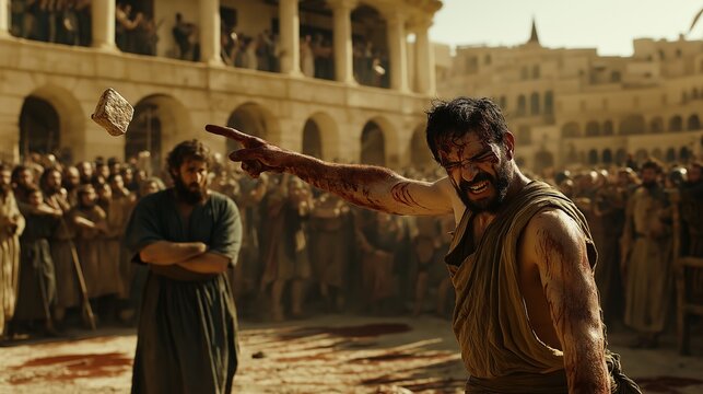 wide shot of Stephen being stoned, Saul standing with his arms crossed in the background, the crowd in a frenzy, stones mid-air