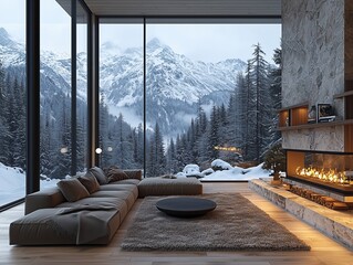 cozy living room interior with fireplace of chalet in the mountains in the winter, snowy landscape outside, generative ai