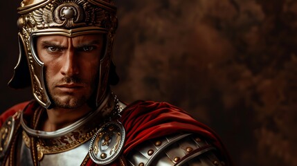 A Roman soldier in full armor with a serious expression.