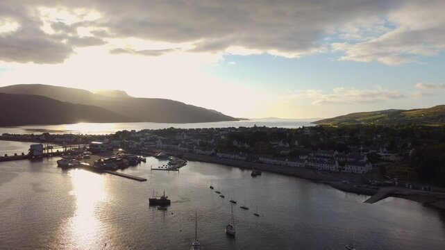 Drone shot of the Ullapool docks during sunset in Scotland