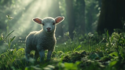 Fototapeta premium Lamb of God, a young lamb in a clean, green meadow, surrounded by celestial light.