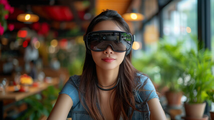 Asian female business owner engages in virtual reality experience at a modern café setting during the afternoon