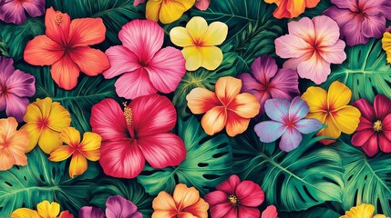 Fototapeta premium This pattern features colorful tropical flowers and plants in a Hawaiian style. It's perfect for clothing, home decor, wallpaper, and fabrics.