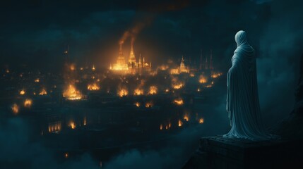 Obraz premium Lot's wife in a cloak in the desrt and a Sodom in fire behind it at night