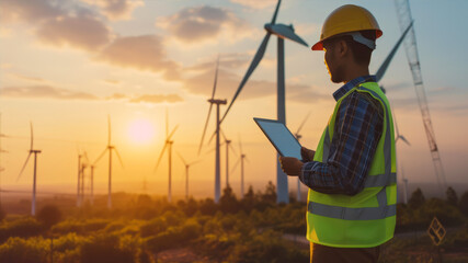 Male engineer technician observing wind turbines at sunset while holding a tablet near a renewable energy site