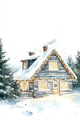 Naklejka premium Cozy winter cabin adorned with festive lights during a snowy evening in a tranquil forest