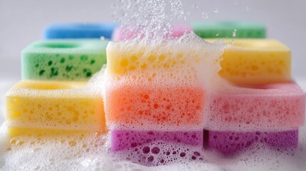 Sponge object with unique colorful foam on white background textured sponge for cleaning and washing dishes with unique minimalist shape