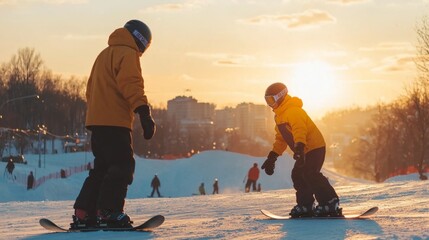 Child learning to snowboard with instructor. Snowboard school or class