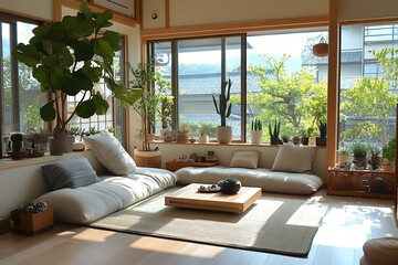 Cozy, sunlit living room with plants and soft seating.