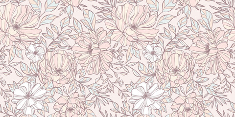 Flower background, abstract floral print, vintage peony illustration, seamless repeating tile, cover or banned design concept