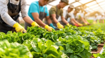 Farmers working in greenhouse tending to rows of lush green lettuce