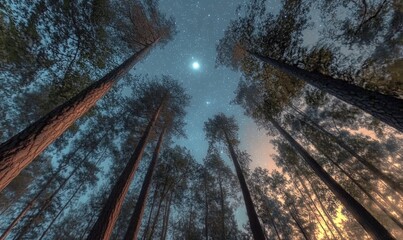 Naklejka premium A low-angle view of a forest canopy with a starry sky above.
