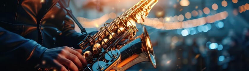 Naklejka premium Hands playing a saxophone, warm tones, photography, detailed, musical
