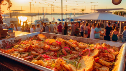 A joyful birthday celebration by the water at sunset, featuring happy guests enjoying a delicious seafood feast in a festive atmosphere