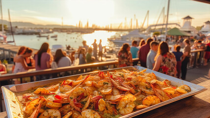 A vibrant birthday celebration at the waterfront with delicious food, laughter, and sunset views